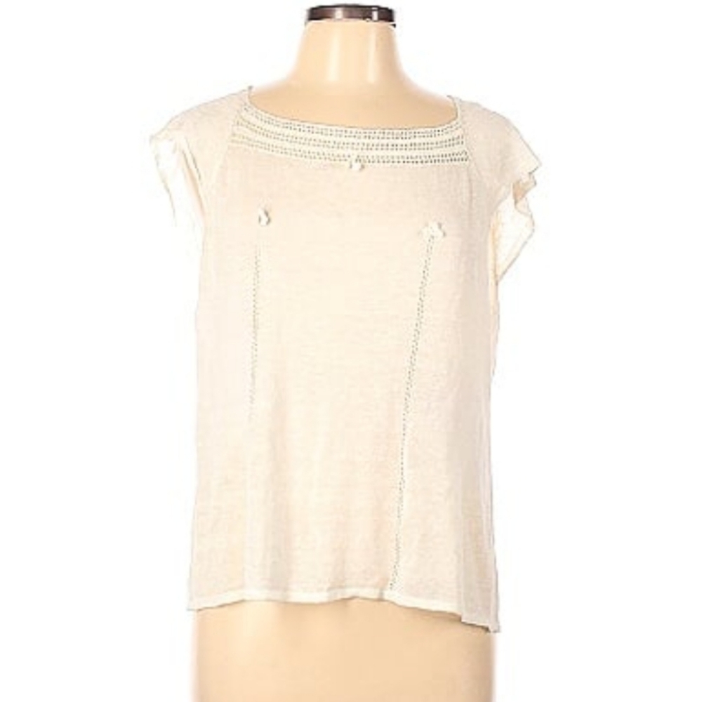 Max Studio Cream Short Sleeve Crochet Trim Blouse